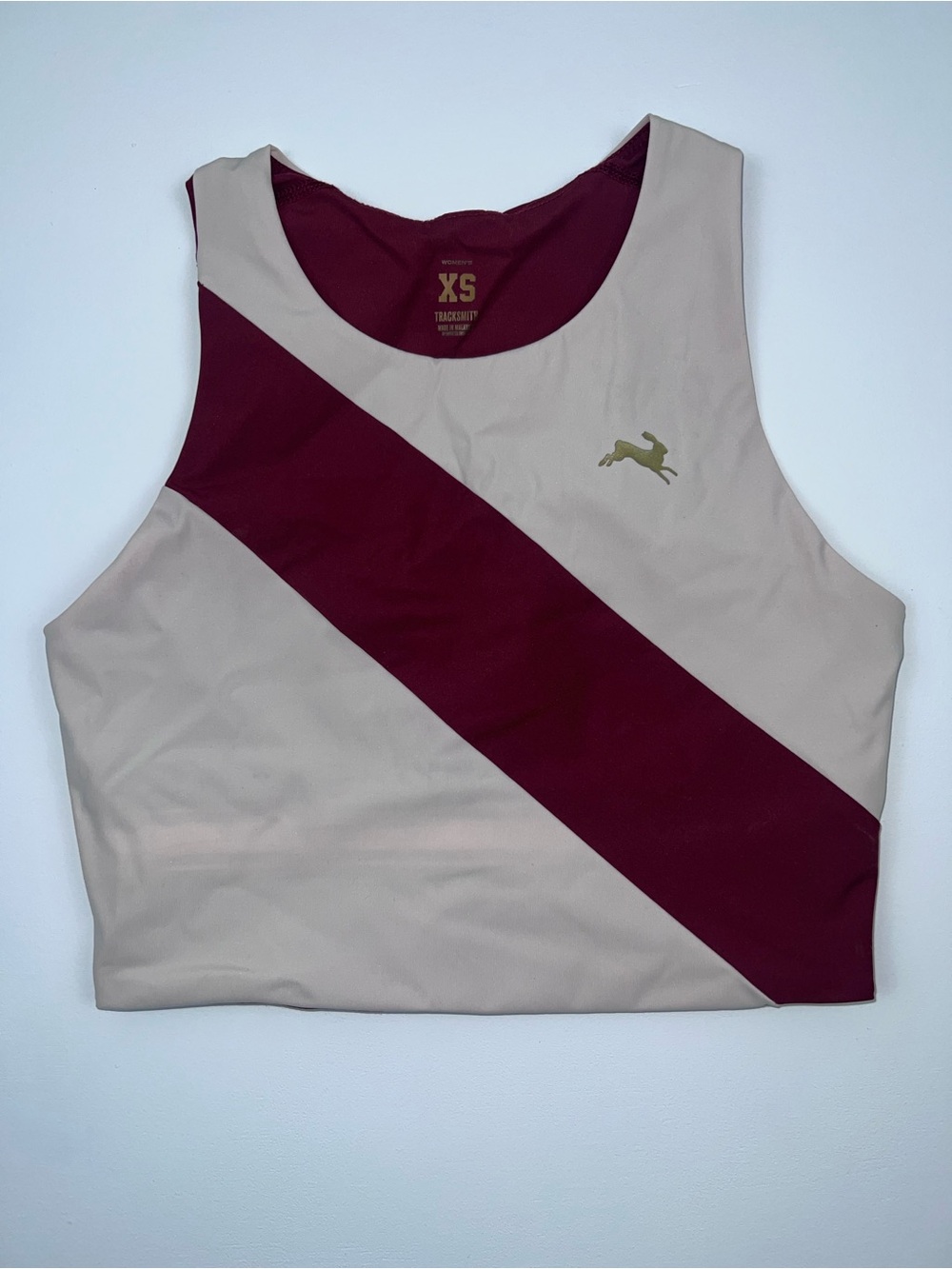 Tracksmith XS Running Crop Top Sports Bra Cream Burgundy Hare Logo